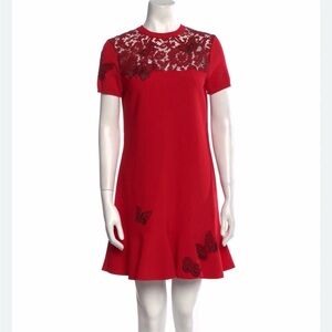 Valentino Red Lace Butterfly Appliqué Crepe Flounce Hem Mini Dress Size L